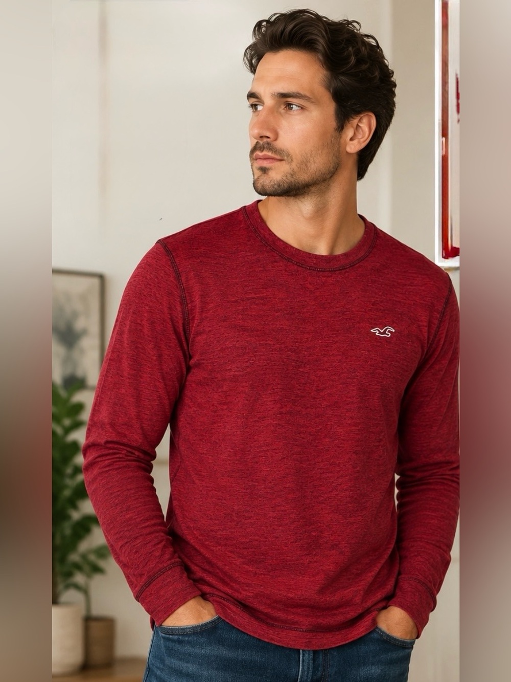 Hollister Men’s Red Heather Long Sleeve Crewneck Shirt Size Small